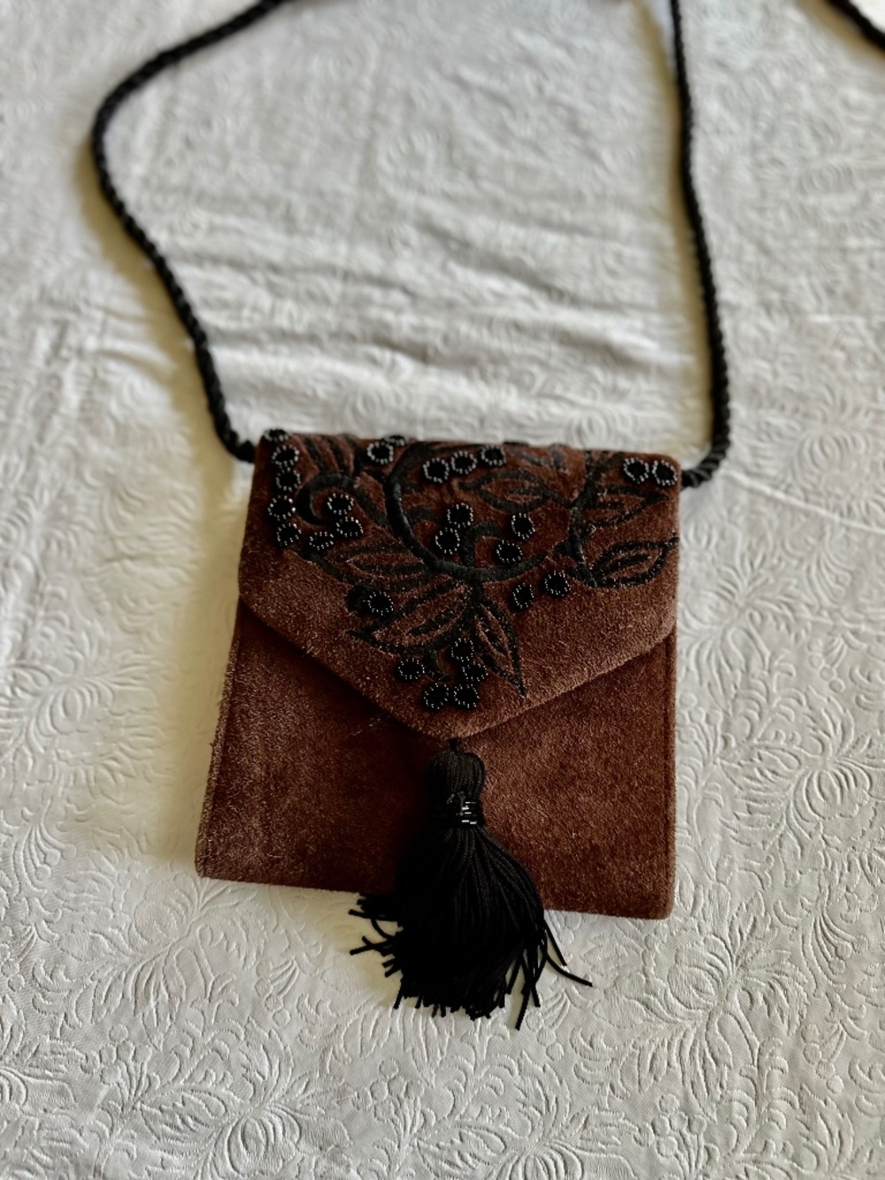 Timmy Wood Brown Suede Flat Black Embriodered Small purse